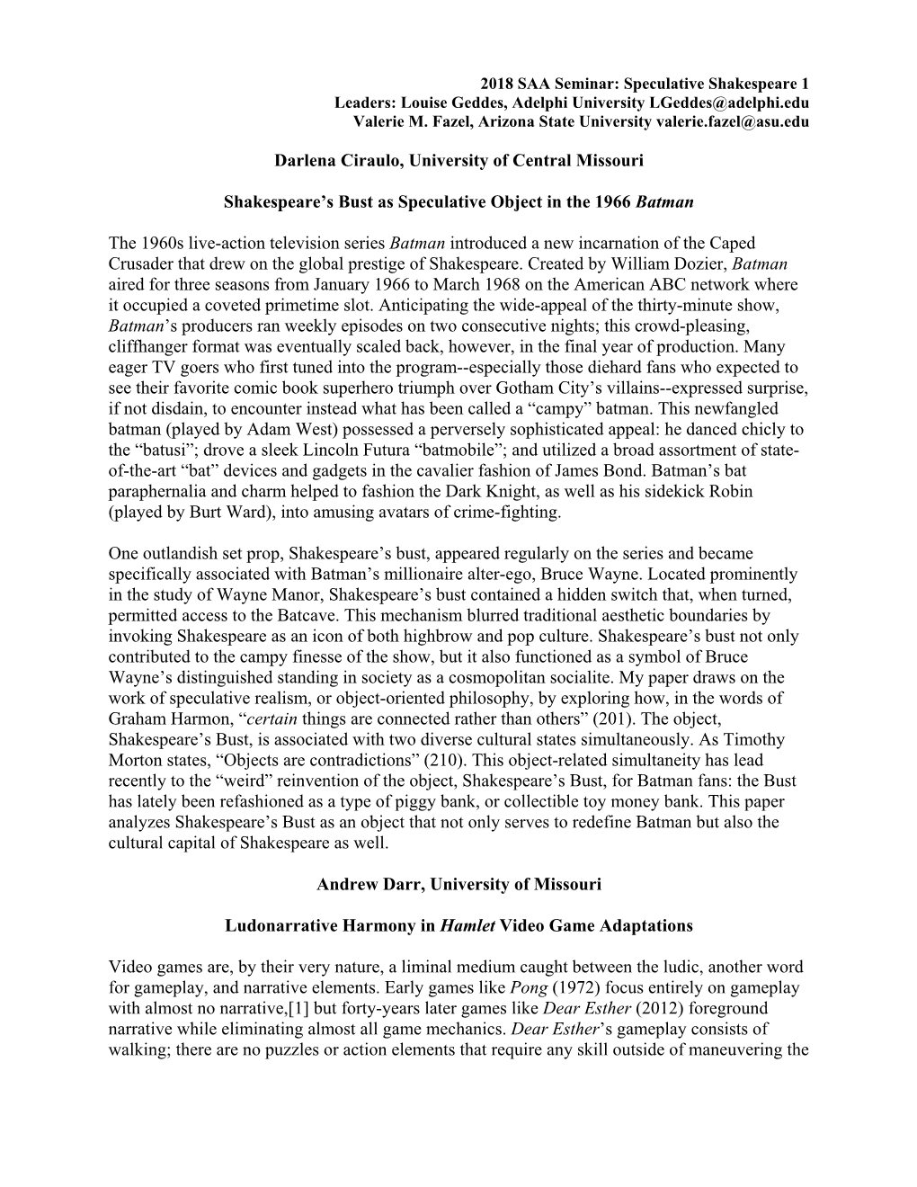 Speculative Shakespeare 1 Leaders: Louise Geddes, Adelphi University Lgeddes@Adelphi.Edu Valerie M