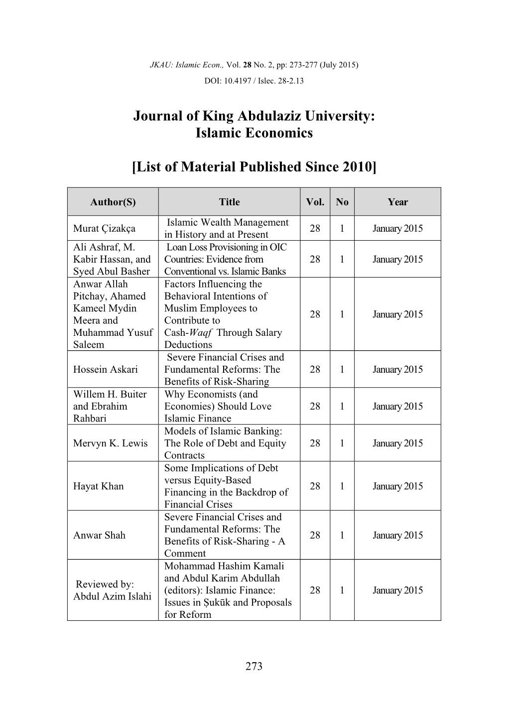 Journal of King Abdulaziz University: Islamic Economics [List Of