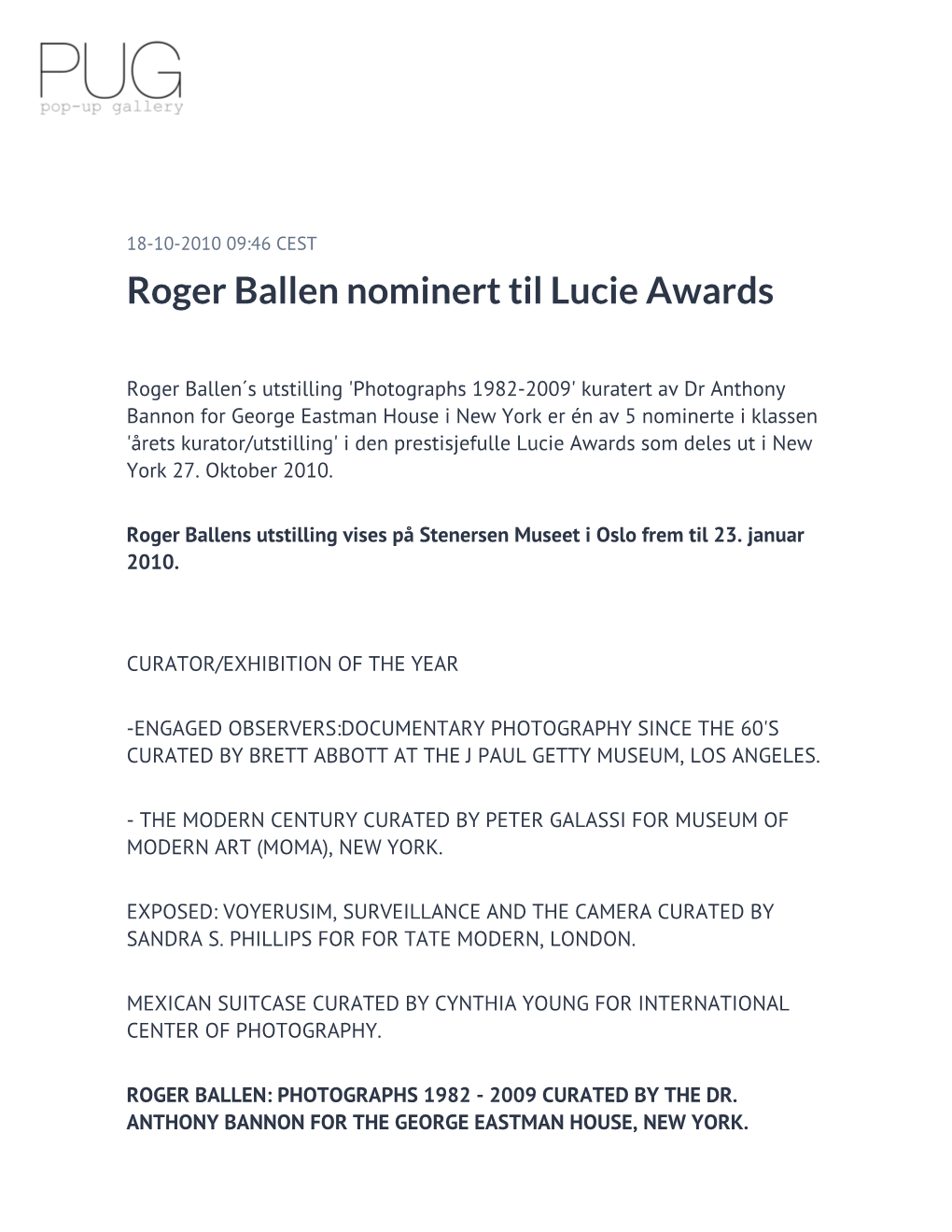 Roger Ballen Nominert Til Lucie Awards