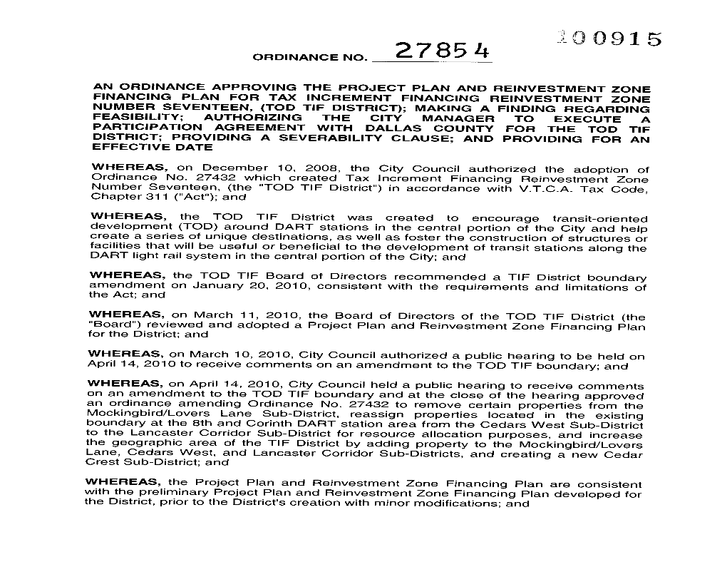 Ordinance No. an Ordinance Approving the Project Plan