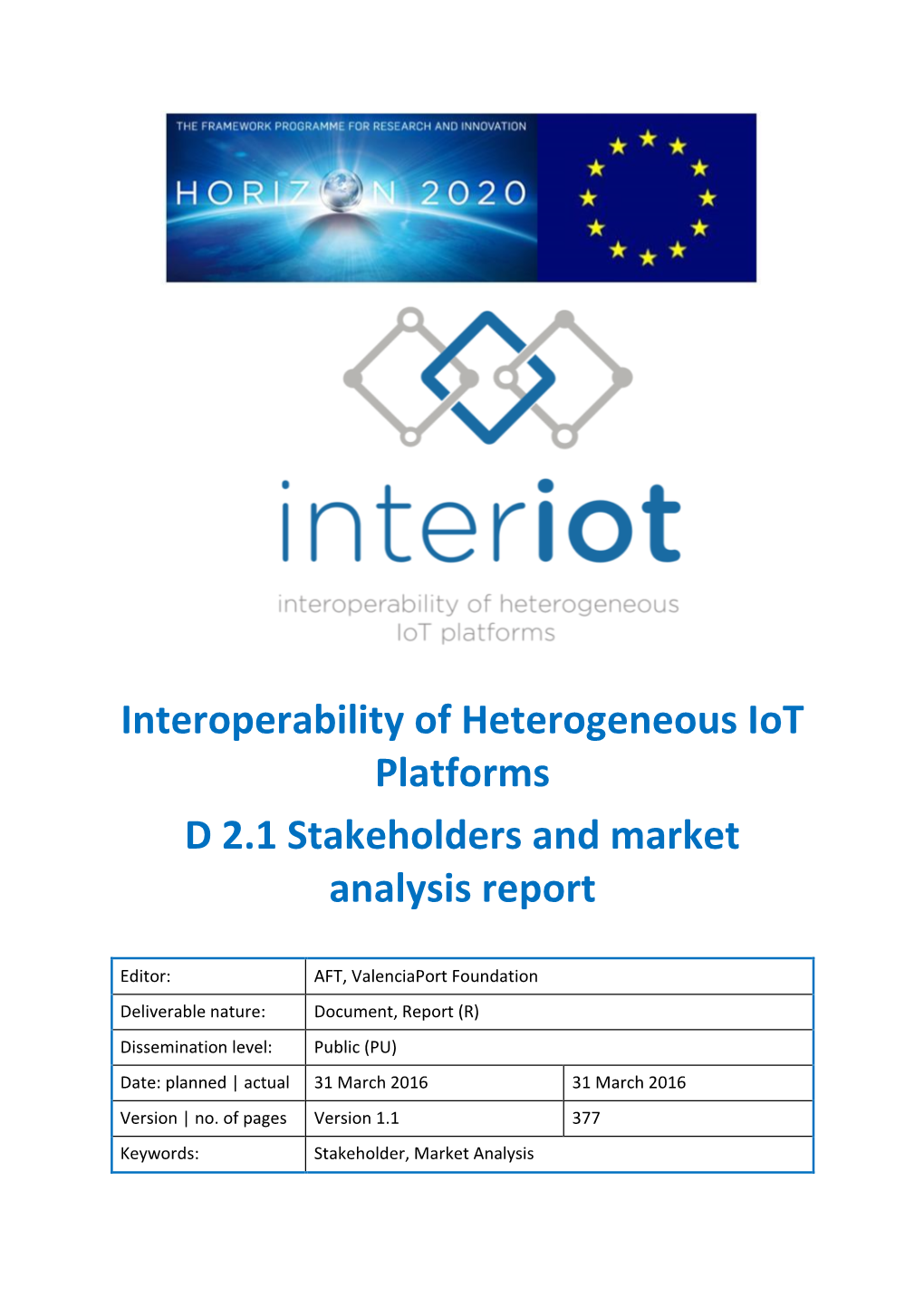Interoperability of Heterogeneous Iot Platforms D 2.1 Stakeholders and Market Analysis Report