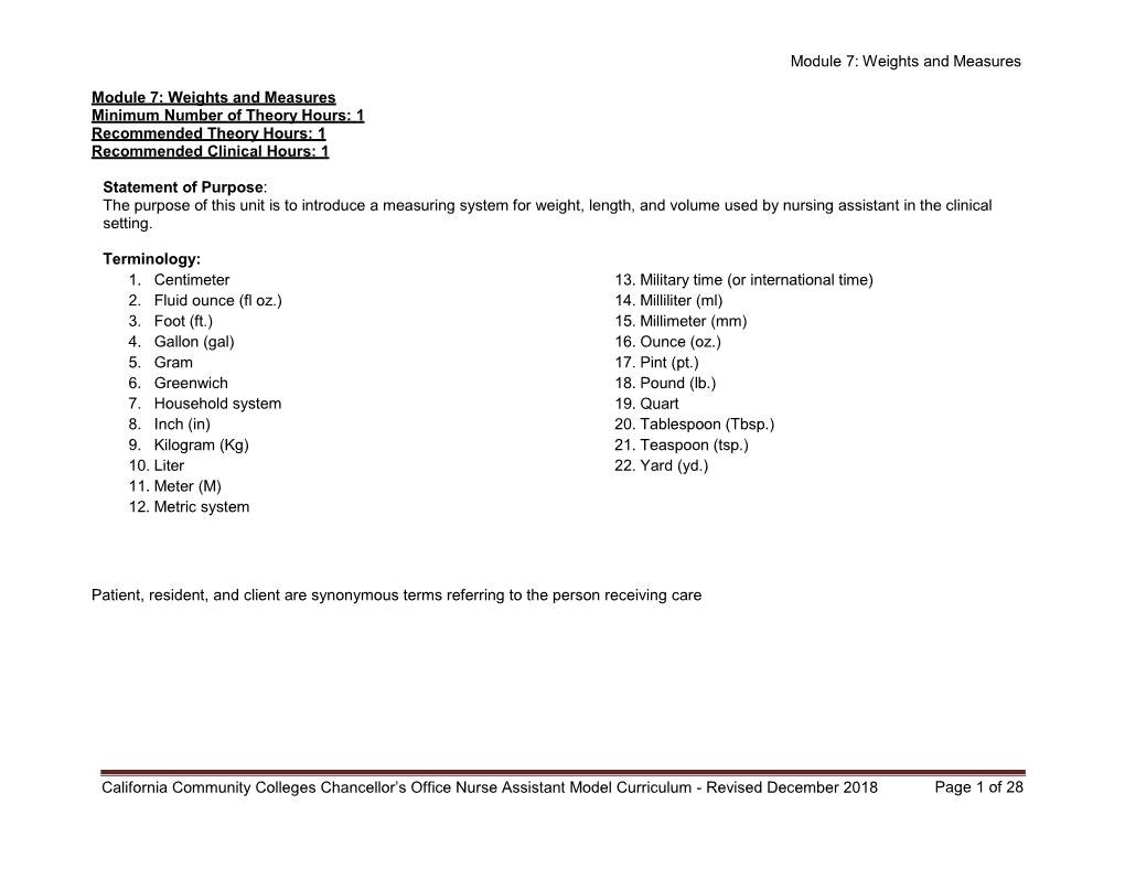 Module 7: Weights and Measures California Community Colleges Chancellor's Office Nurse Assistant Model Curriculum