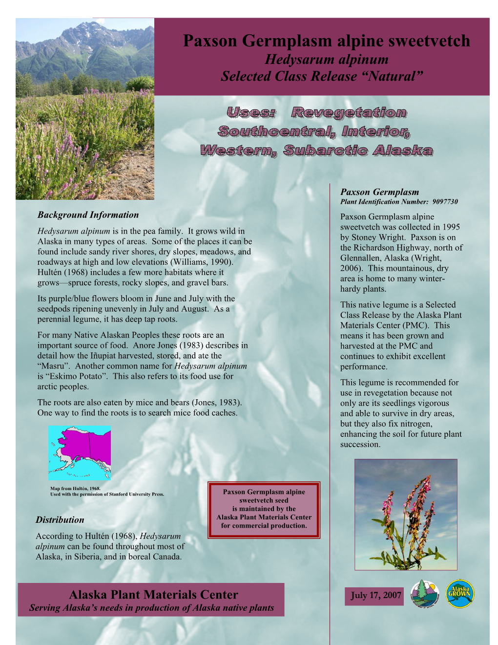 Paxson Germplasm Alpine Sweetvetch Hedysarum Alpinum Selected Class Release “Natural”