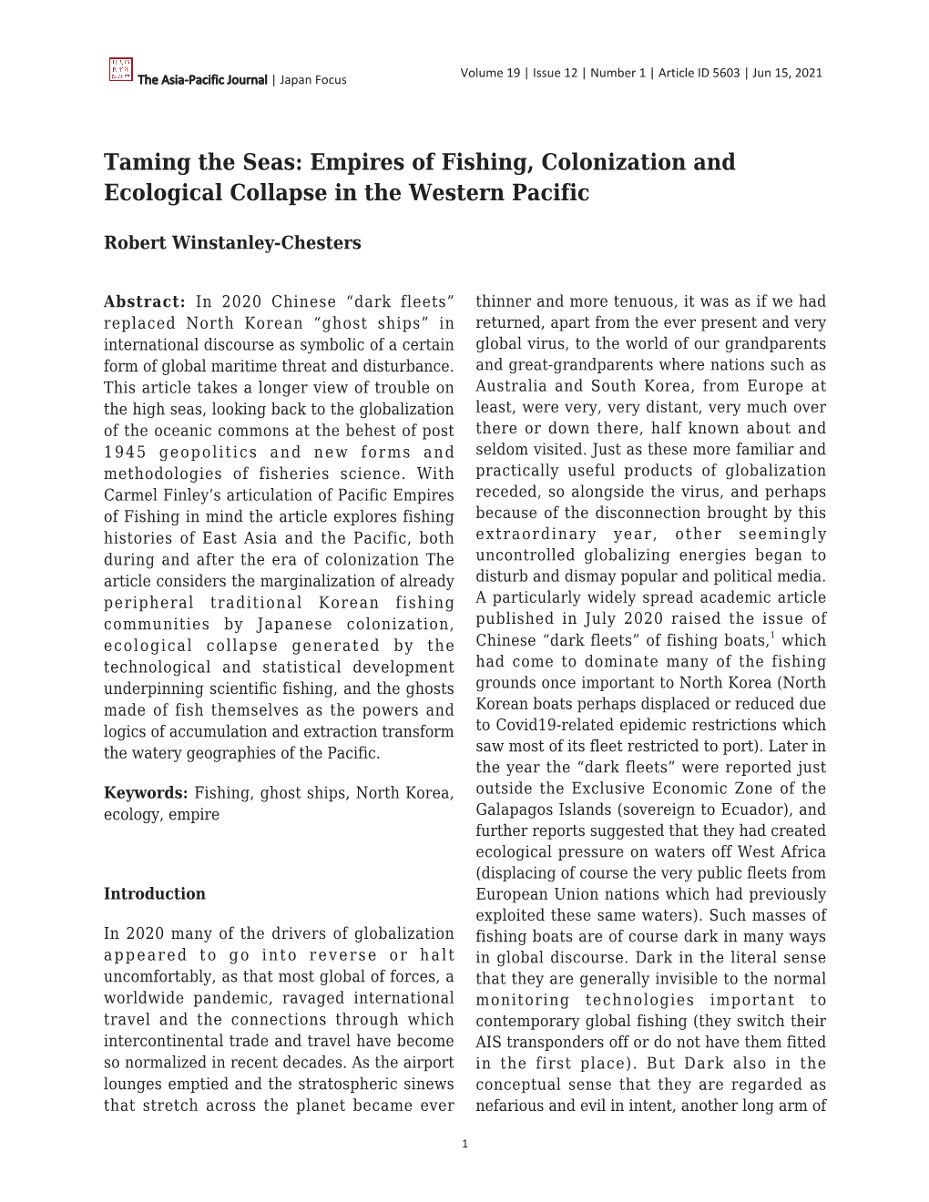 Empires of Fishing, Colonization and Ecological Collapse in the Western Pacific