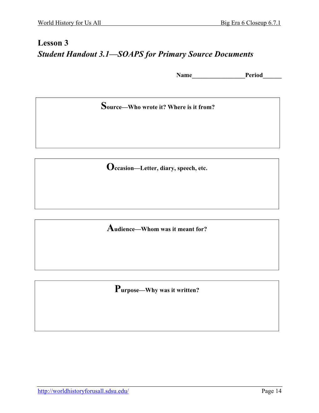 Lesson 3 Student Handout 3.1—SOAPS for Primary Source Documents