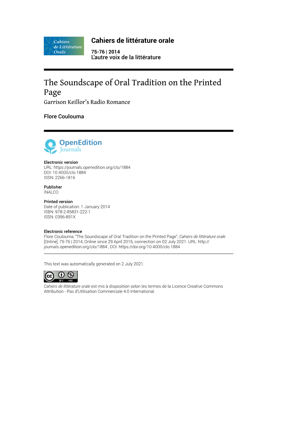 Cahiers De Littérature Orale, 75-76 | 2014 the Soundscape of Oral Tradition on the Printed Page 2