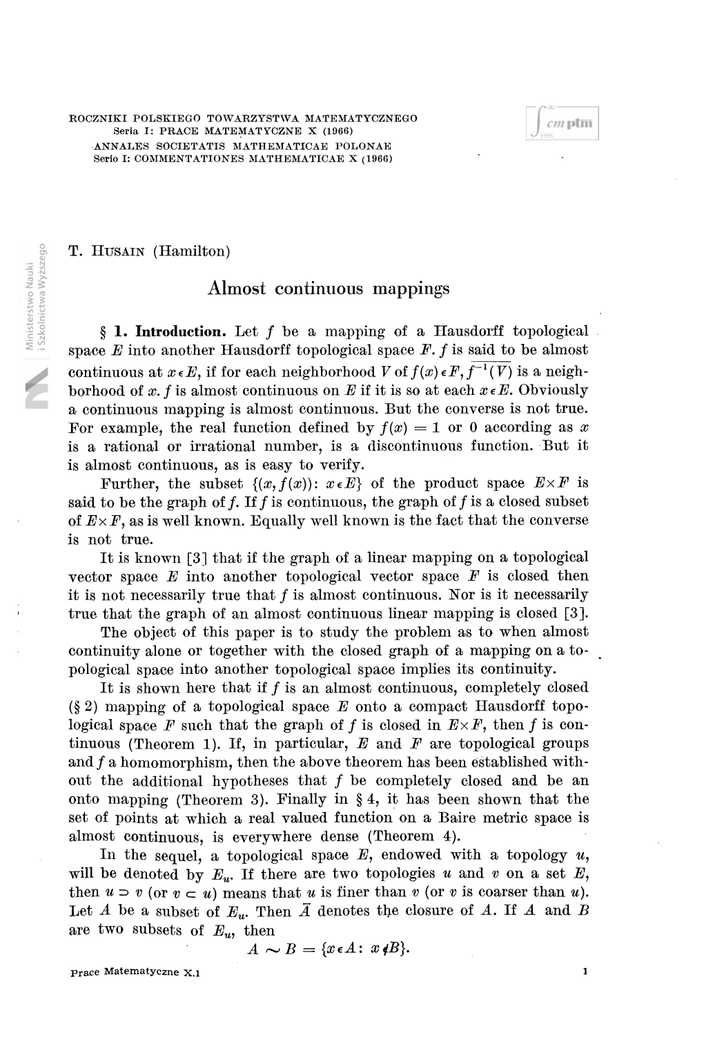 (Hamilton) Almost Continuous Mappings § 1. Introduction. Let / Be