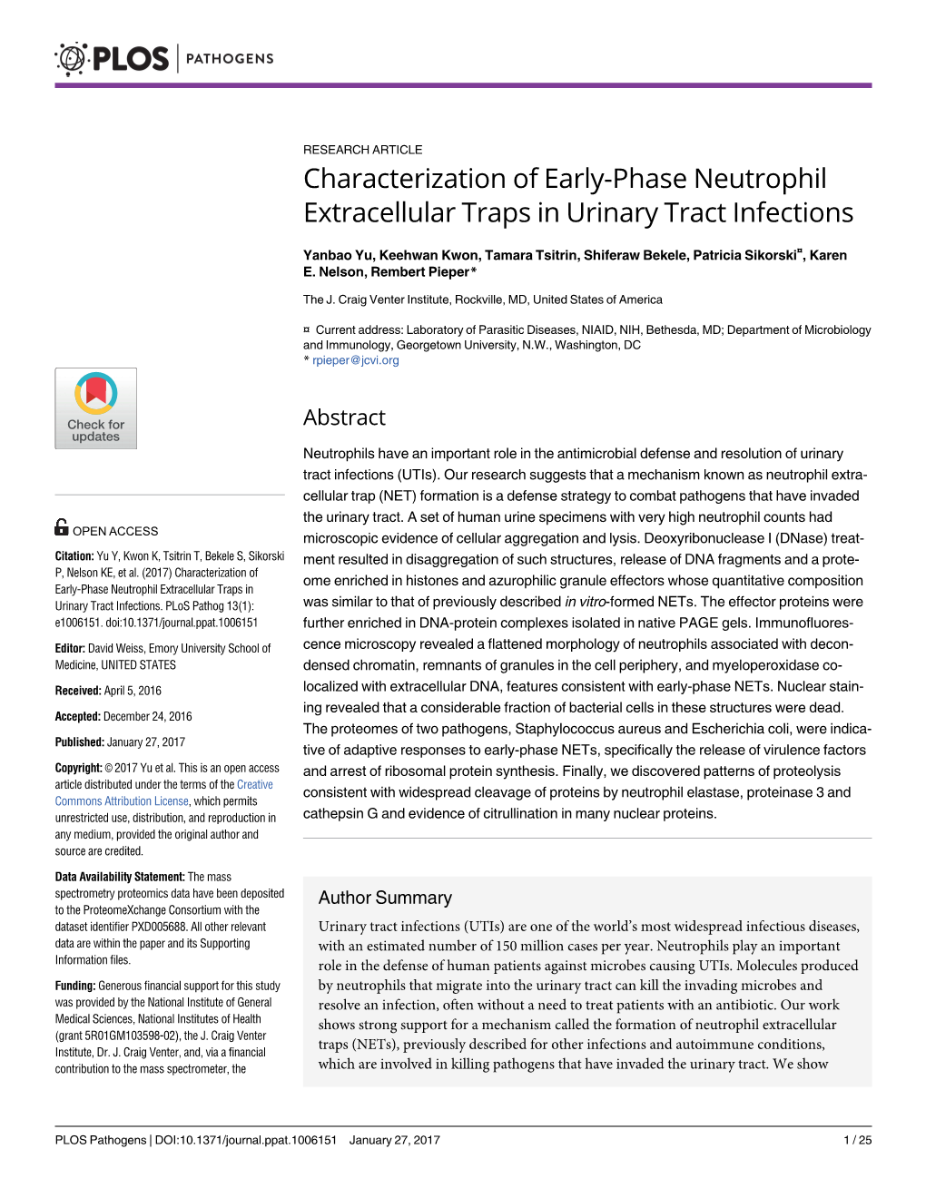 Characterization of Early-Phase Neutrophil Extracellular Traps in Urinary Tract Infections