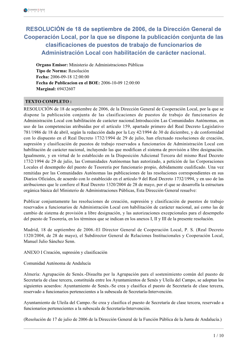 RESOLUCIÓN De 18 De Septiembre De 2006, De La Dirección General