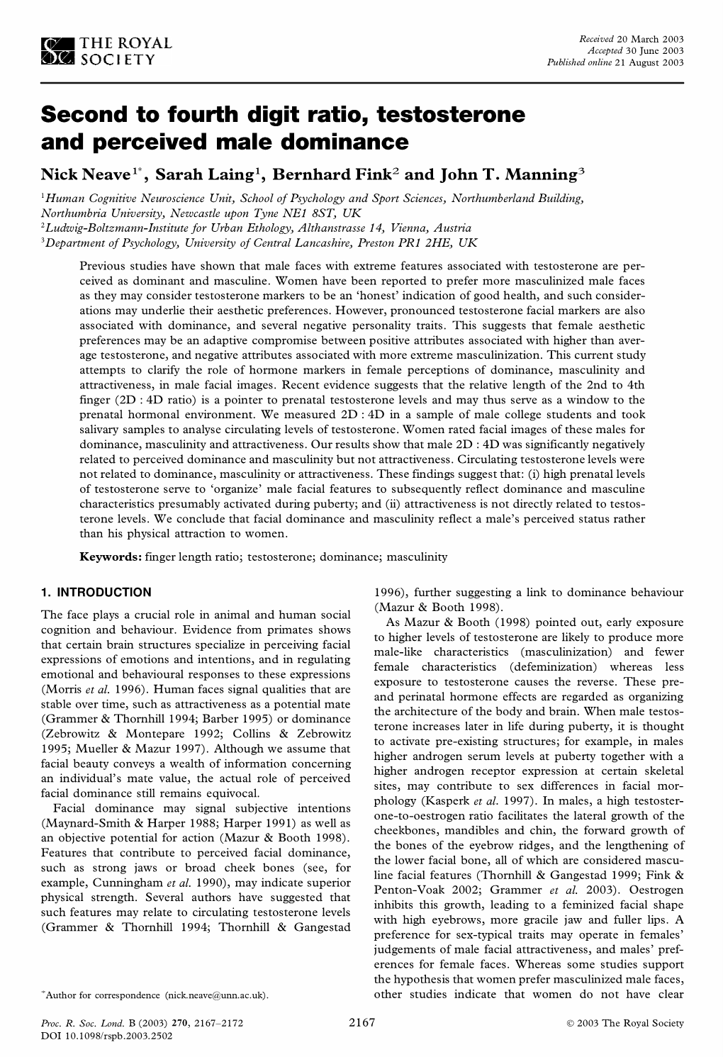 Second to Fourth Digit Ratio, Testosterone and Perceived Male