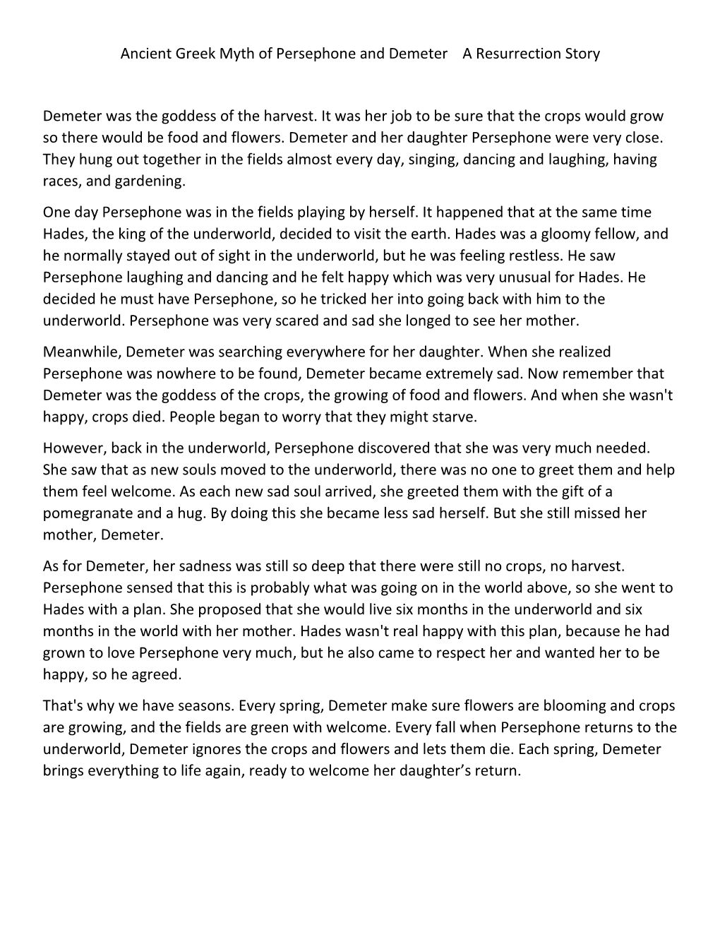 Ancient Greek Myth of Persephone and Demeter a Resurrection Story Demeter Was the Goddess of the Harvest. It Was Her Job to B