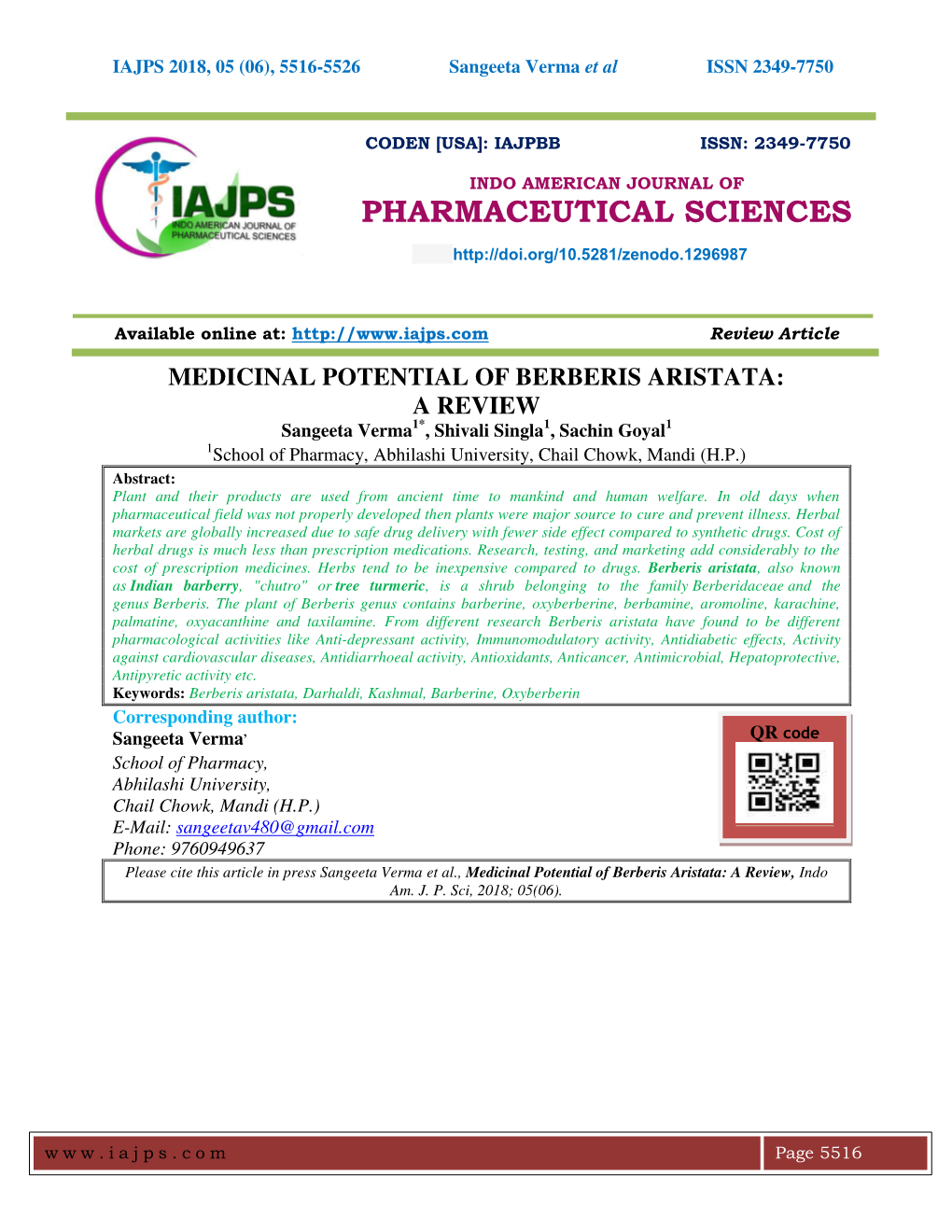 Medicinal Potential of Berberis Aristata