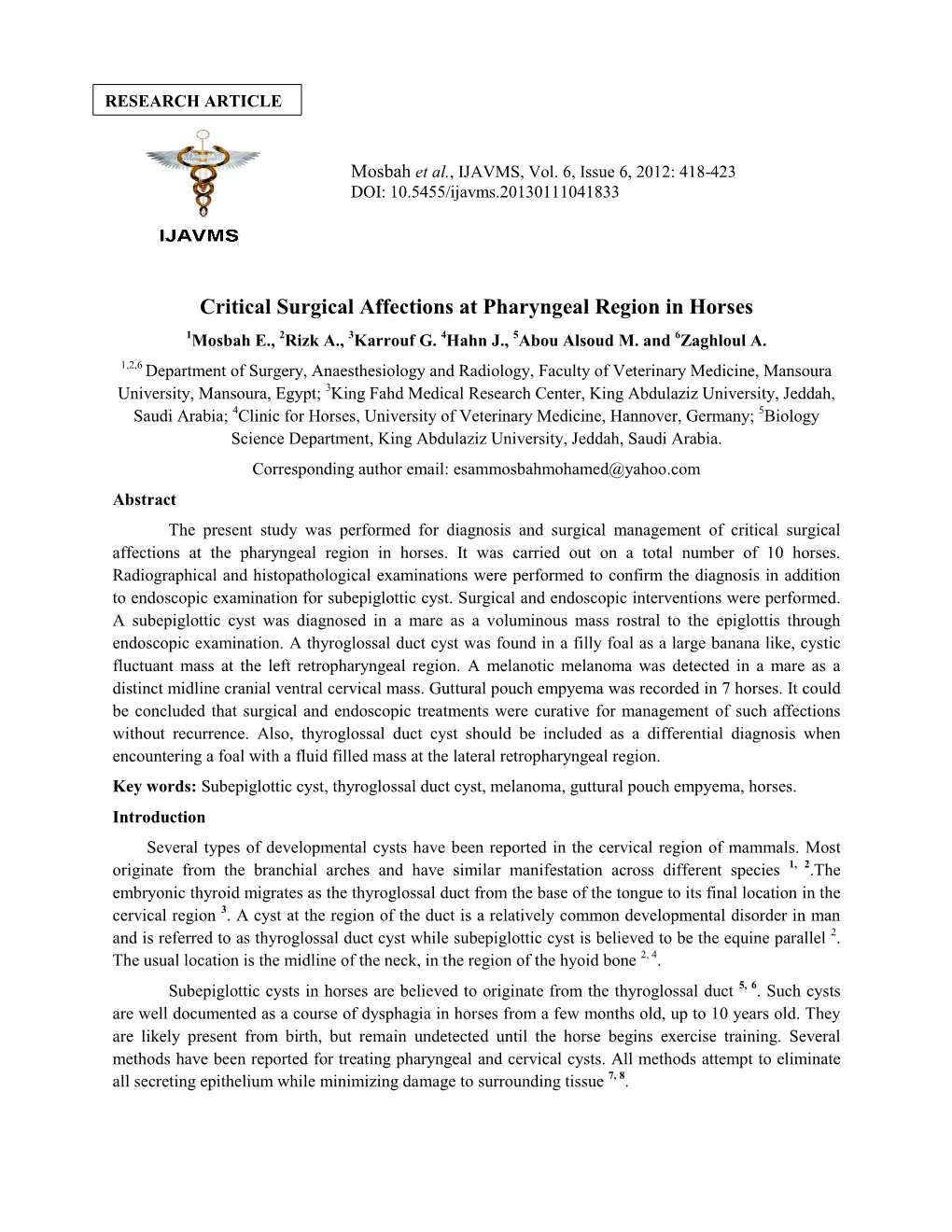 Critical Surgical Affections at Pharyngeal Region in Horses 1Mosbah E., 2Rizk A., 3Karrouf G
