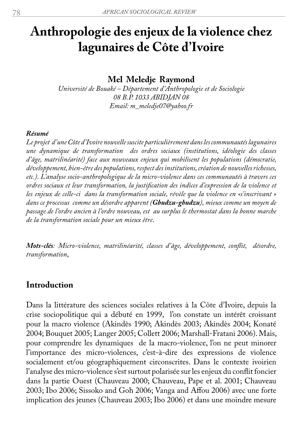 Anthropologie Des Enjeux De La Violence Chez Lagunaires De Côte D’Ivoire