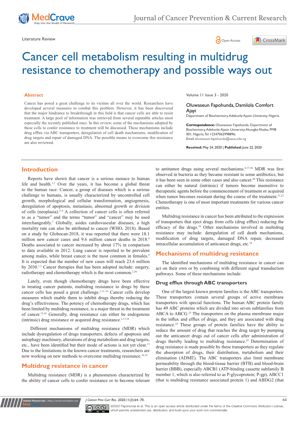 Cancer Cell Metabolism Resulting in Multidrug Resistance to Chemotherapy and Possible Ways Out