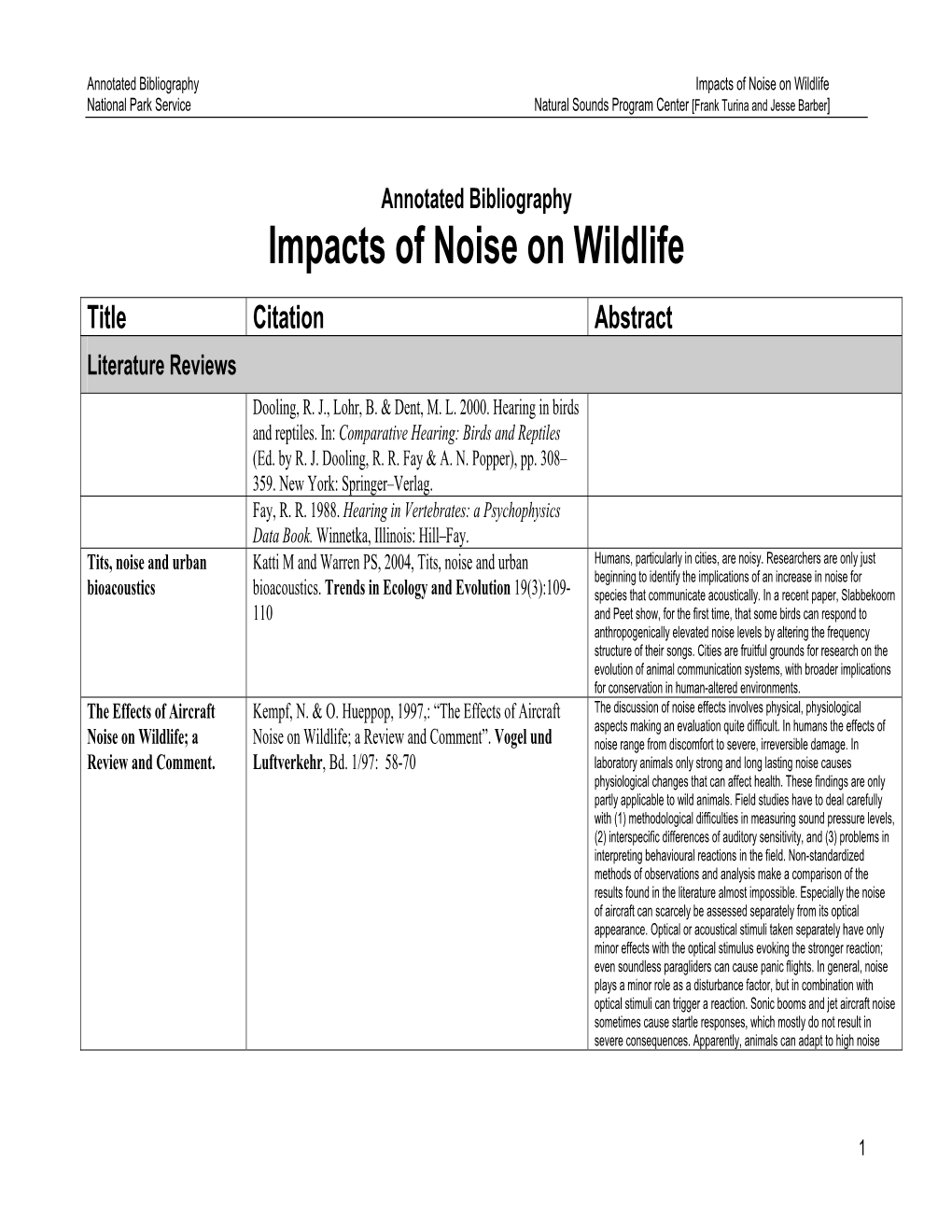 Impacts of Noise on Wildlife National Park Service Natural Sounds Program Center [Frank Turina and Jesse Barber]