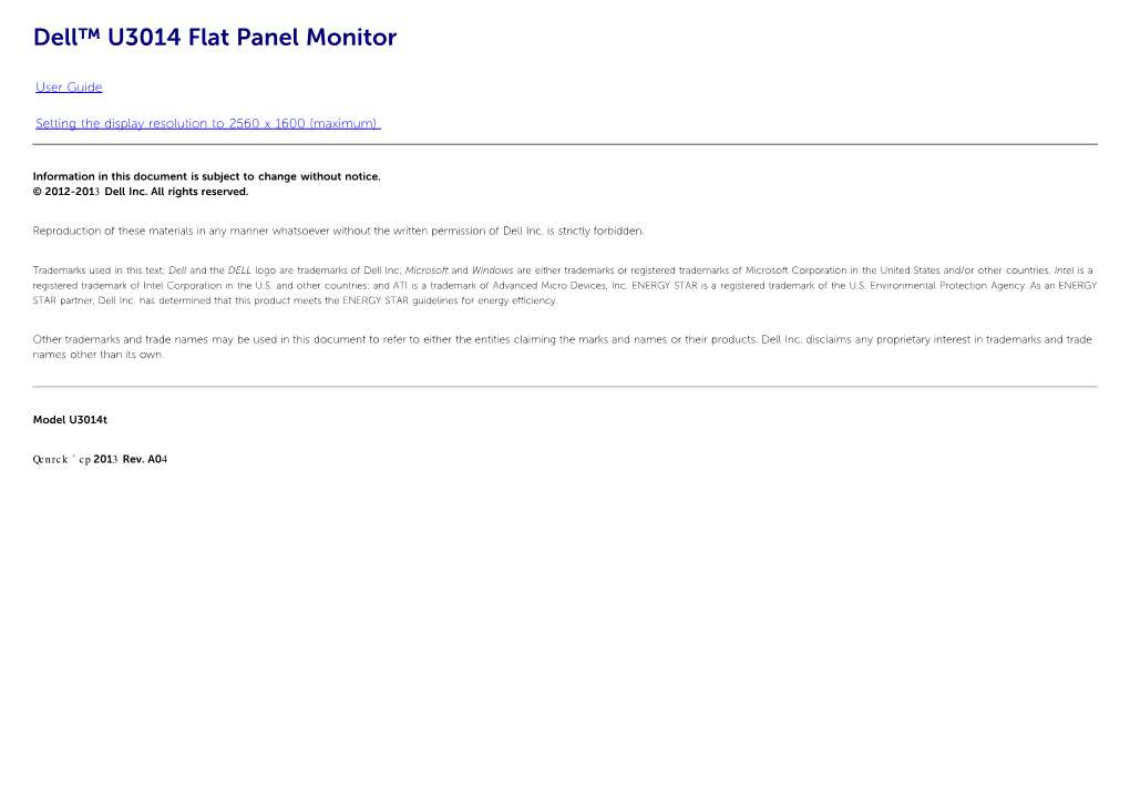 Dell U3014 Flat Panel Monitor User's Guide