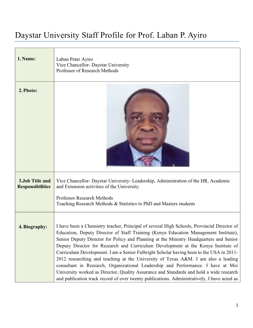 Daystar University Staff Profile for Prof. Laban P. Ayiro