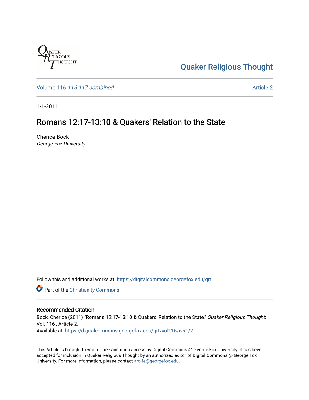 Romans 12:17-13:10 & Quakers' Relation to the State