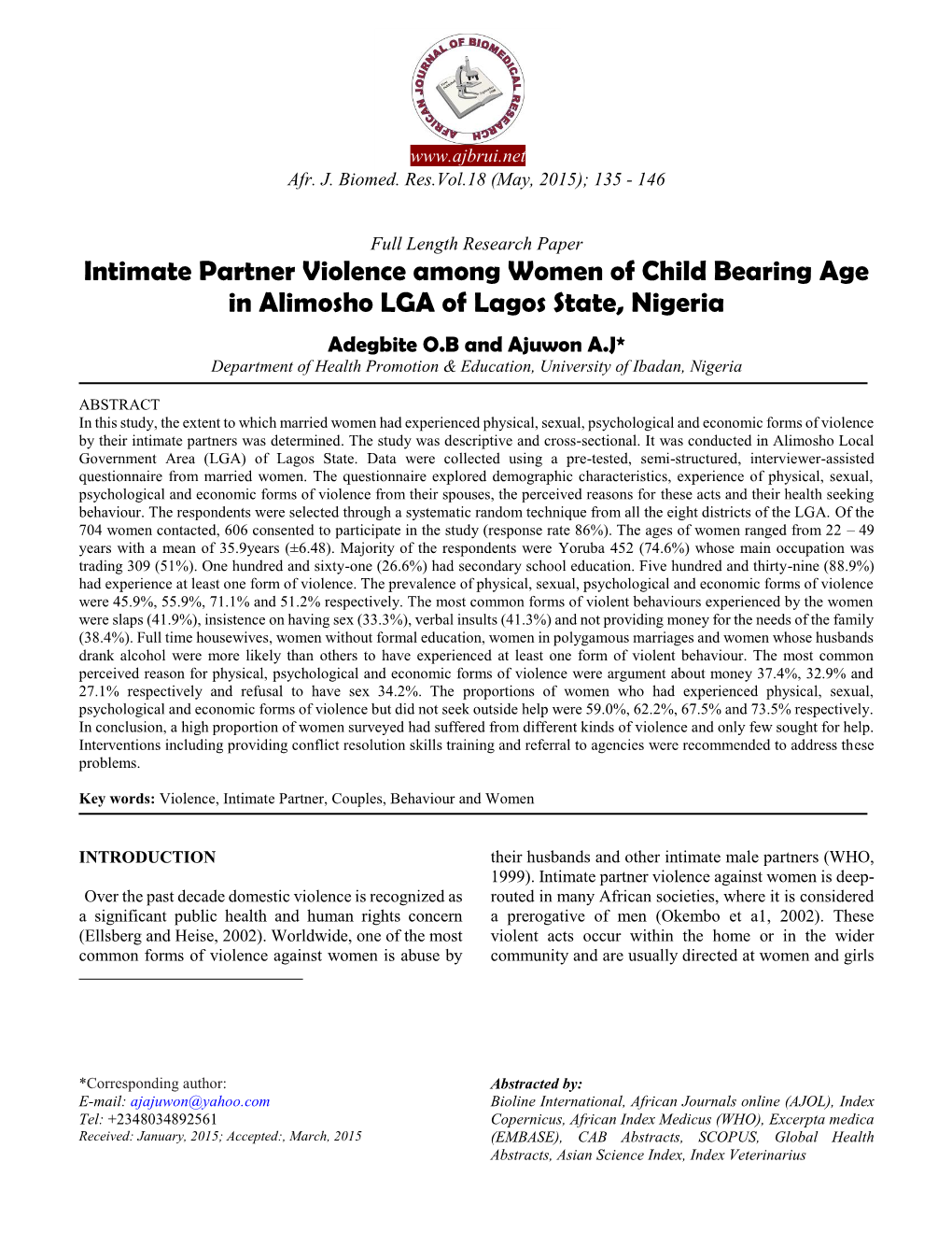 Intimate Partner Violence Among Women of Child Bearing Age in Alimosho LGA of Lagos State, Nigeria