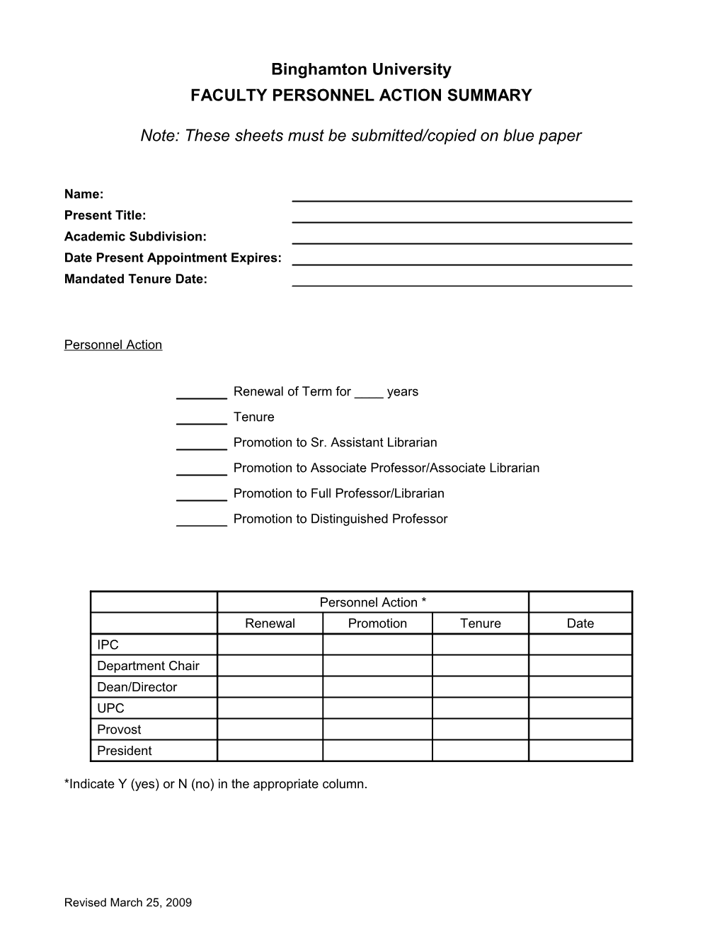 Faculty Personnel Action Summary