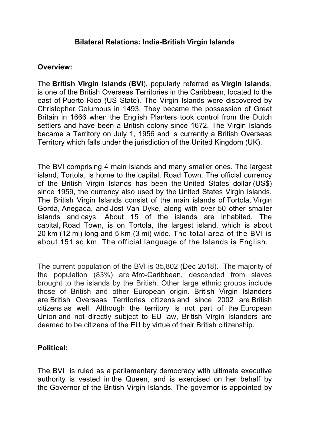 Bilateral Relations: India-British Virgin Islands Overview: the British Virgin