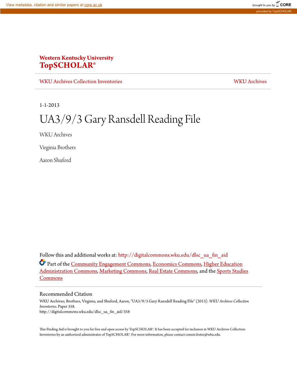 UA3/9/3 Gary Ransdell Reading File WKU Archives