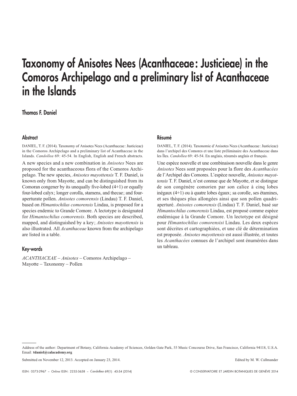 Taxonomy of Anisotes Nees (Acanthaceae: Justicieae) in the Comoros Archipelago and a Preliminary List of Acanthaceae in the Islands