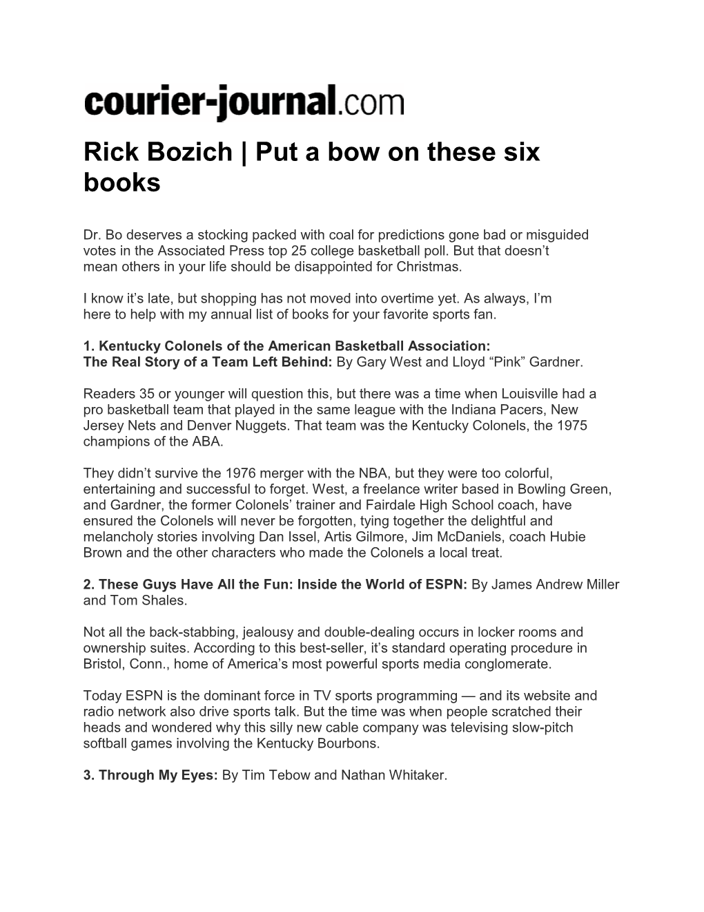 Rick Bozich | Put a Bow on These Six Books