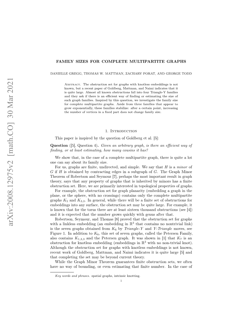 Arxiv:2008.12975V2 [Math.CO] 30 Mar 2021 R Is the Seven Graphs Obtained from K6 by Triangle-Y and Y-Triangle Moves, See Figure 1