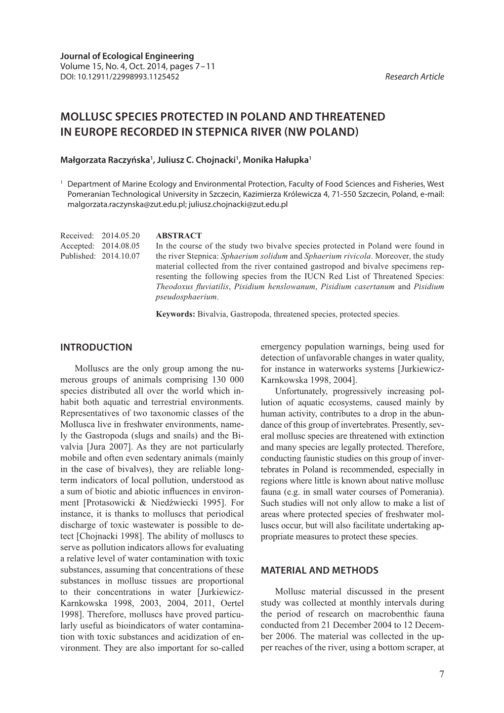 Mollusc Species Protected in Poland and Threatened in Europe Recorded in Stepnica River (Nw Poland)