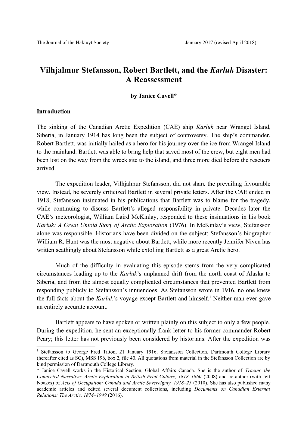 Vilhjalmur Stefansson, Robert Bartlett, and the Karluk Disaster: a Reassessment