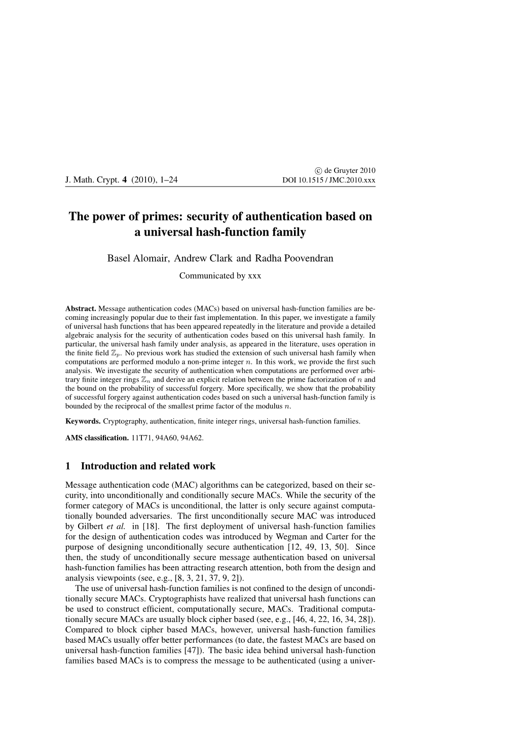 Security of Authentication Based on a Universal Hash-Function Family