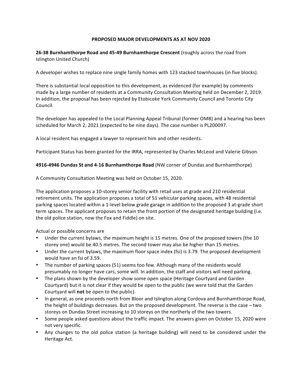 PROPOSED MAJOR DEVELOPMENTS AS at NOV 2020 26-‐38 Burnhamthorpe Road and 45