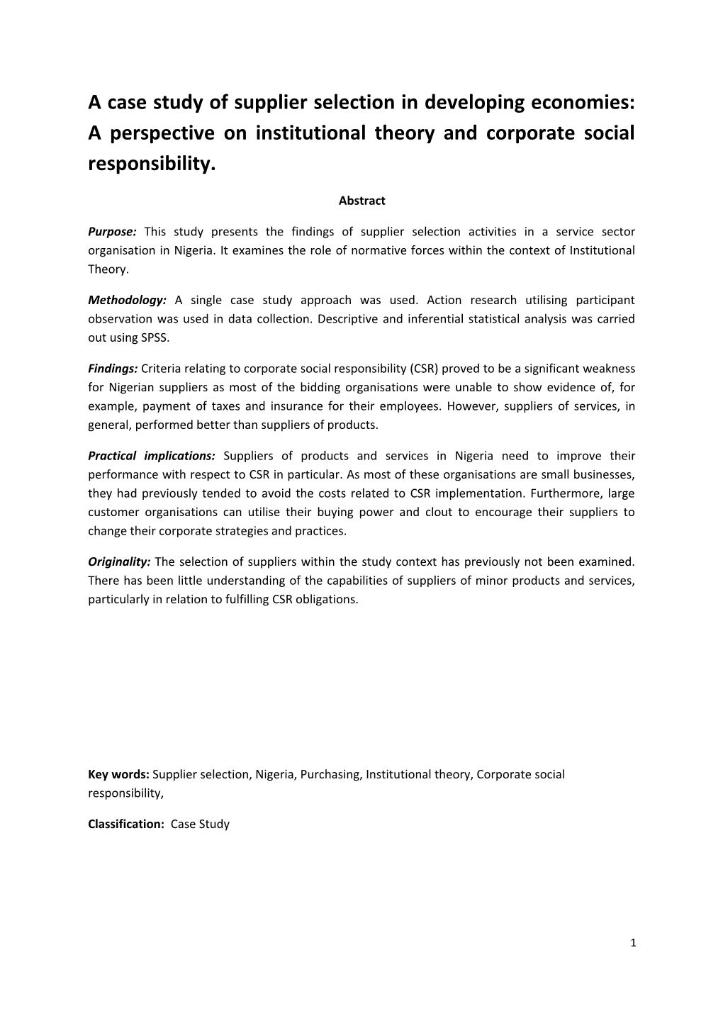 A Case Study of Supplier Selection in Developing Economies: a Perspective on Institutional