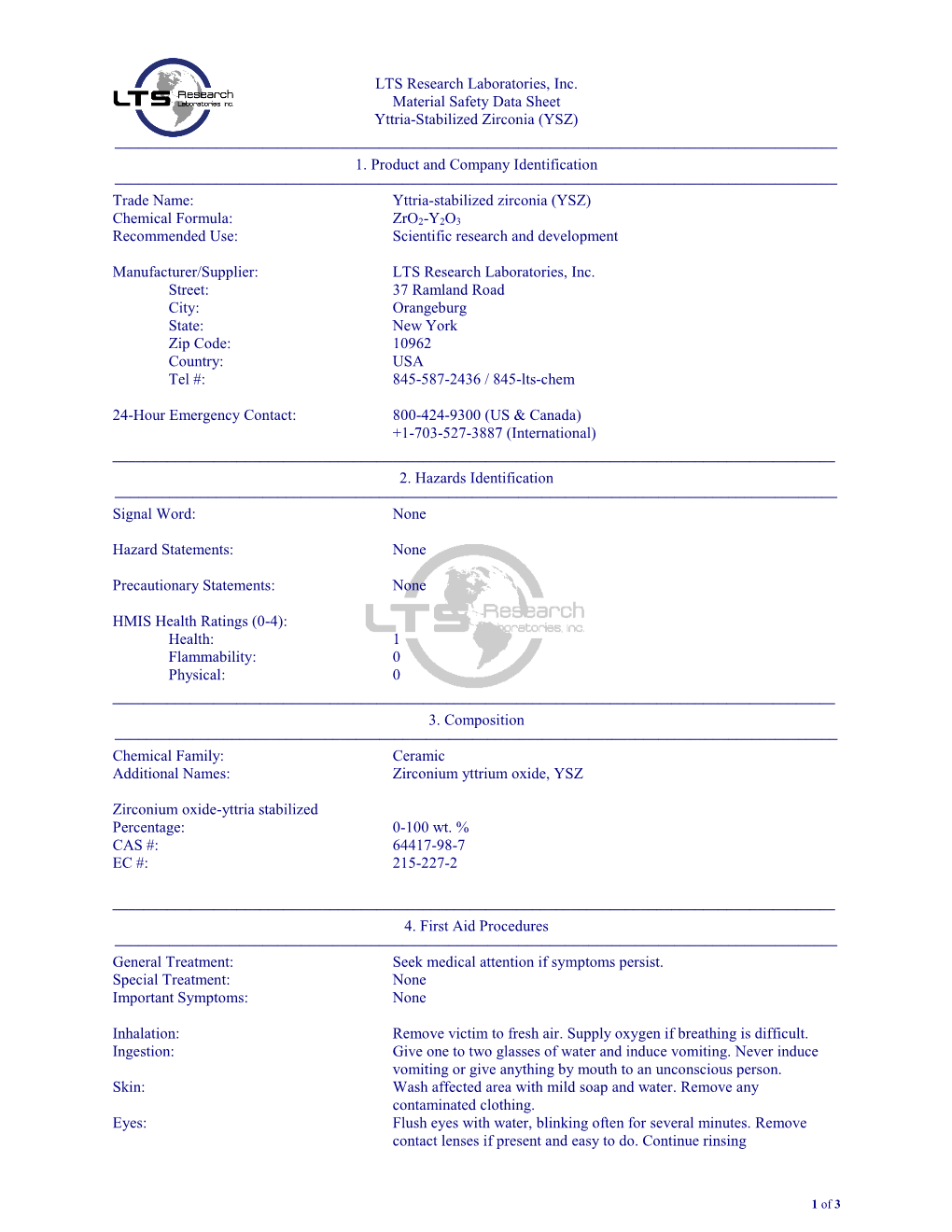 Material Safety Data Sheet Yttria-Stabilized Zirconia (YSZ) ––––––––––––––––––––––––––––––––––––––––––––––––––––––––––––––––––––––––––––––––––––––––––––– 1