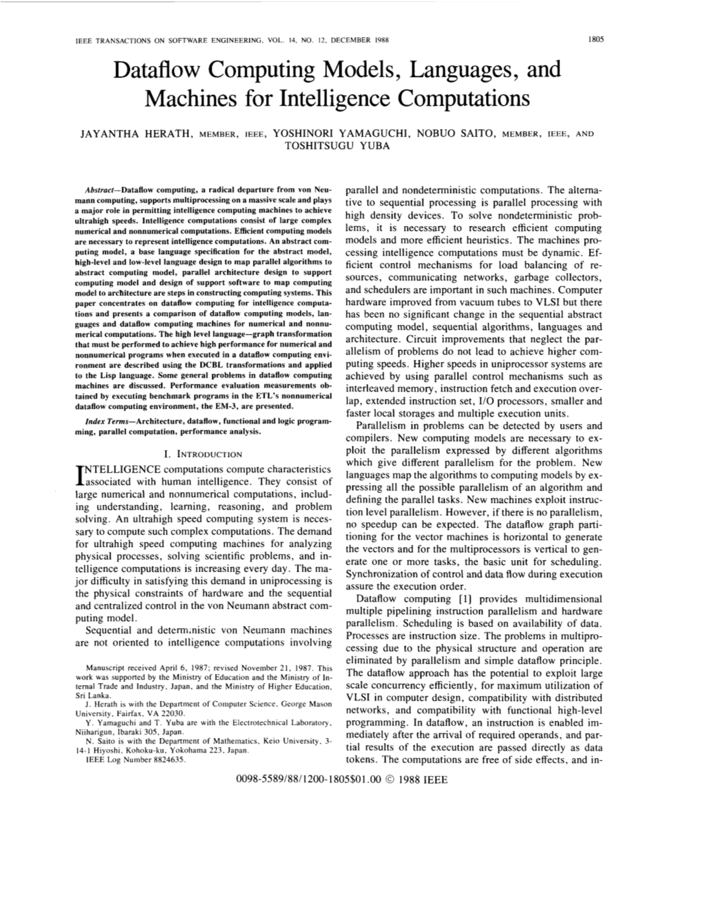 Dataflow Computing Models, Languages, and Machines for Intelligence Computations