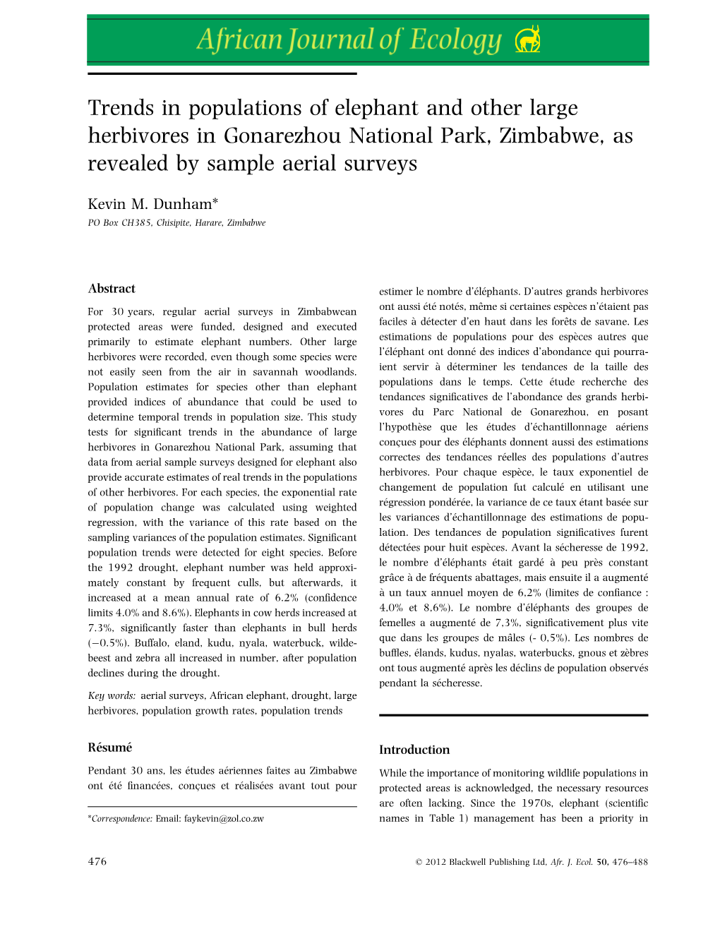 Trends in Populations of Elephant and Other Large Herbivores in Gonarezhou National Park, Zimbabwe, As Revealed by Sample Aerial Surveys