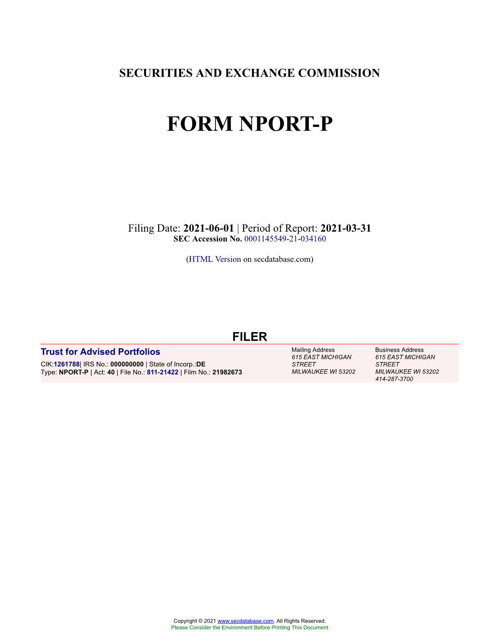 Trust for Advised Portfolios Form NPORT-P Filed 2021-06-01