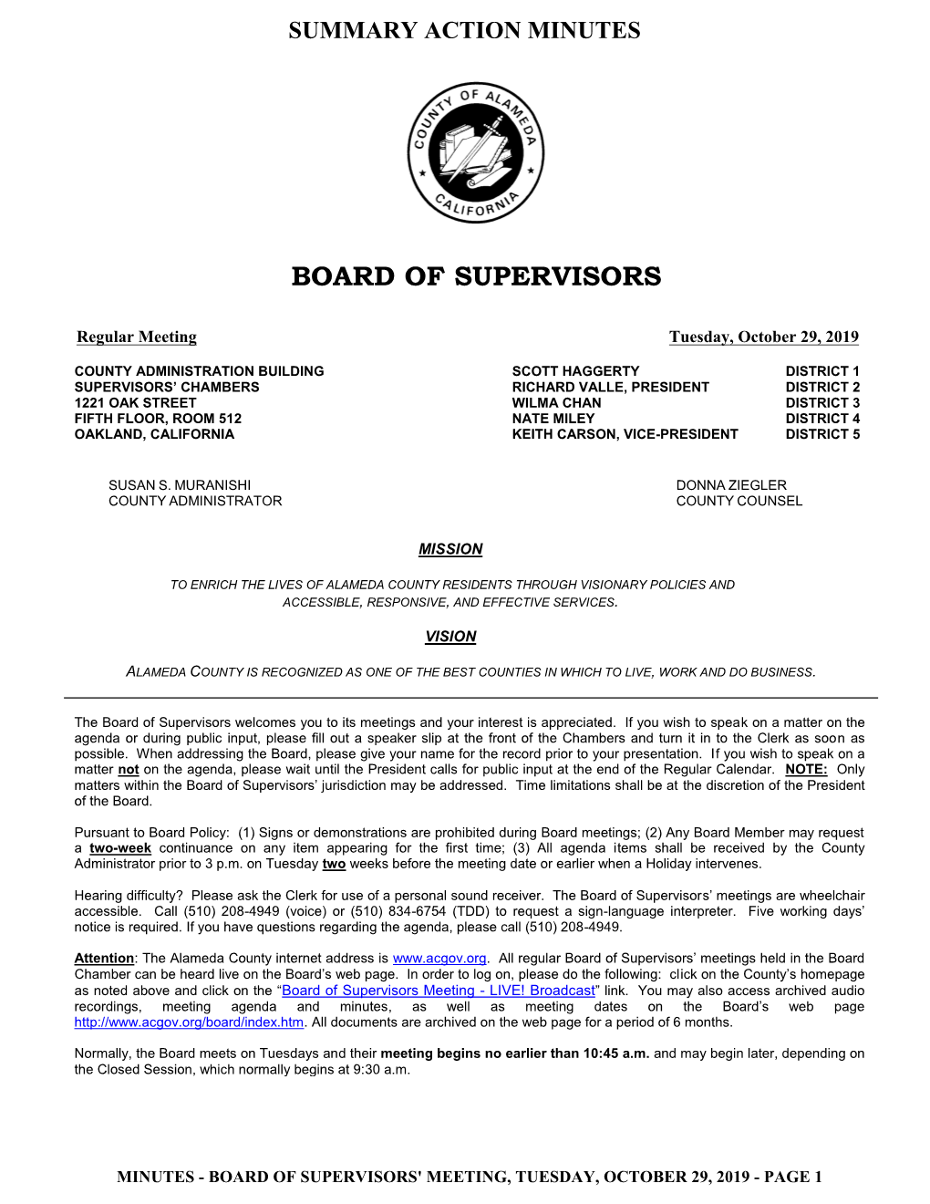 BOARD of SUPERVISORS' MEETING, TUESDAY, OCTOBER 29, 2019- PAGE 1 Week Not a : the Alameda County Internet Address Is Is Address Internet County Alameda the : LAMEDA