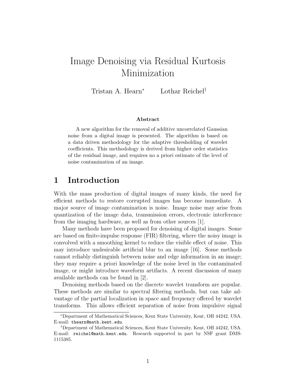 Image Denoising Via Residual Kurtosis Minimization