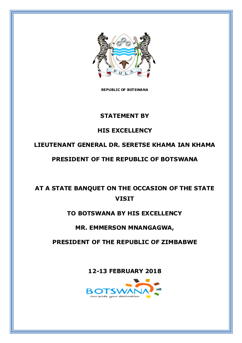 Speech on State Banquet on Visit to Botswana President of Zimbabwe