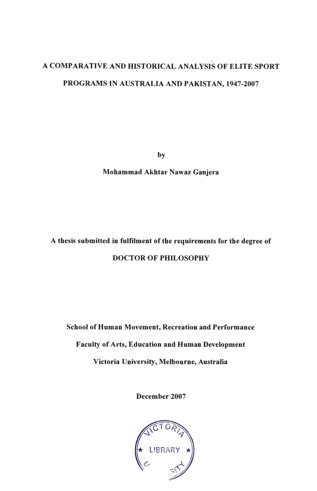 A Comparative and Historical Analysis of Elite Sport Programs in Australia and Pakistan