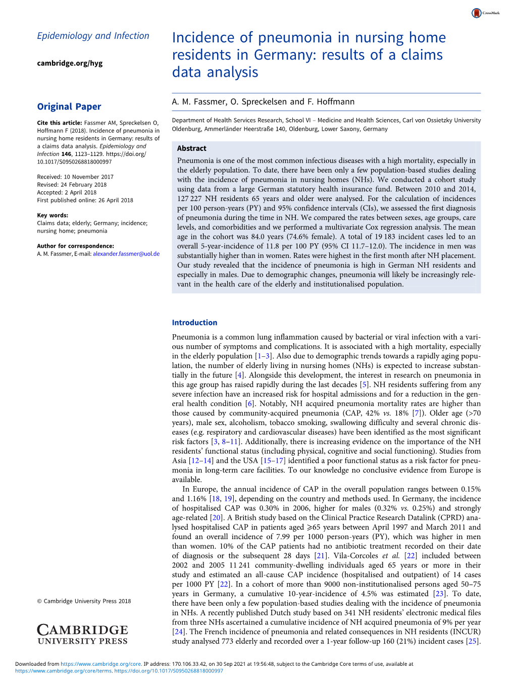 Incidence of Pneumonia in Nursing Home Residents in Germany: Results of a Claims Data Analysis