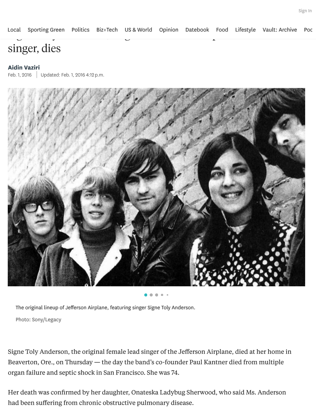 Signe Toly Anderson, Original Jefferson Airplane Singer, Dies