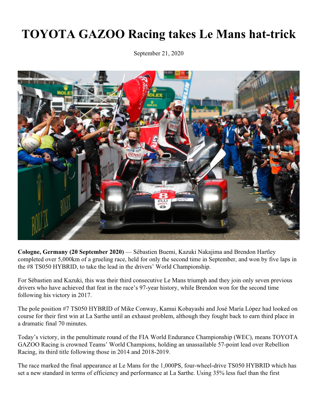 TOYOTA GAZOO Racing Takes Le Mans Hat-Trick