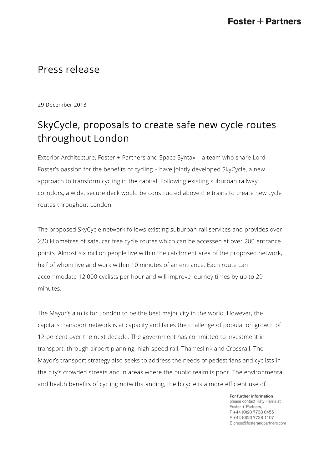 Press Release Skycycle, Proposals to Create Safe New Cycle Routes