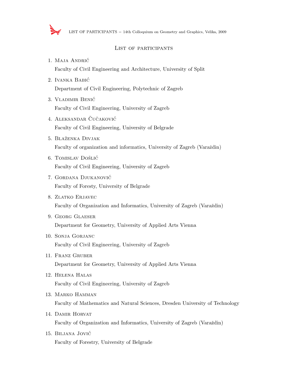 LIST of PARTICIPANTS − 14Th Colloquium on Geometry and Graphics, Velika, 2009