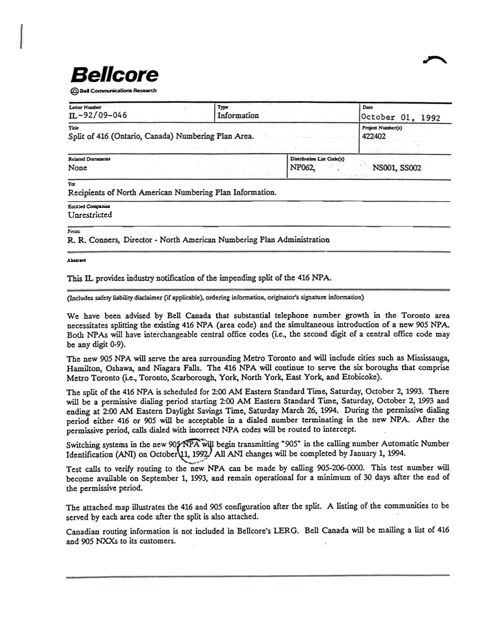 Bellcore Letter