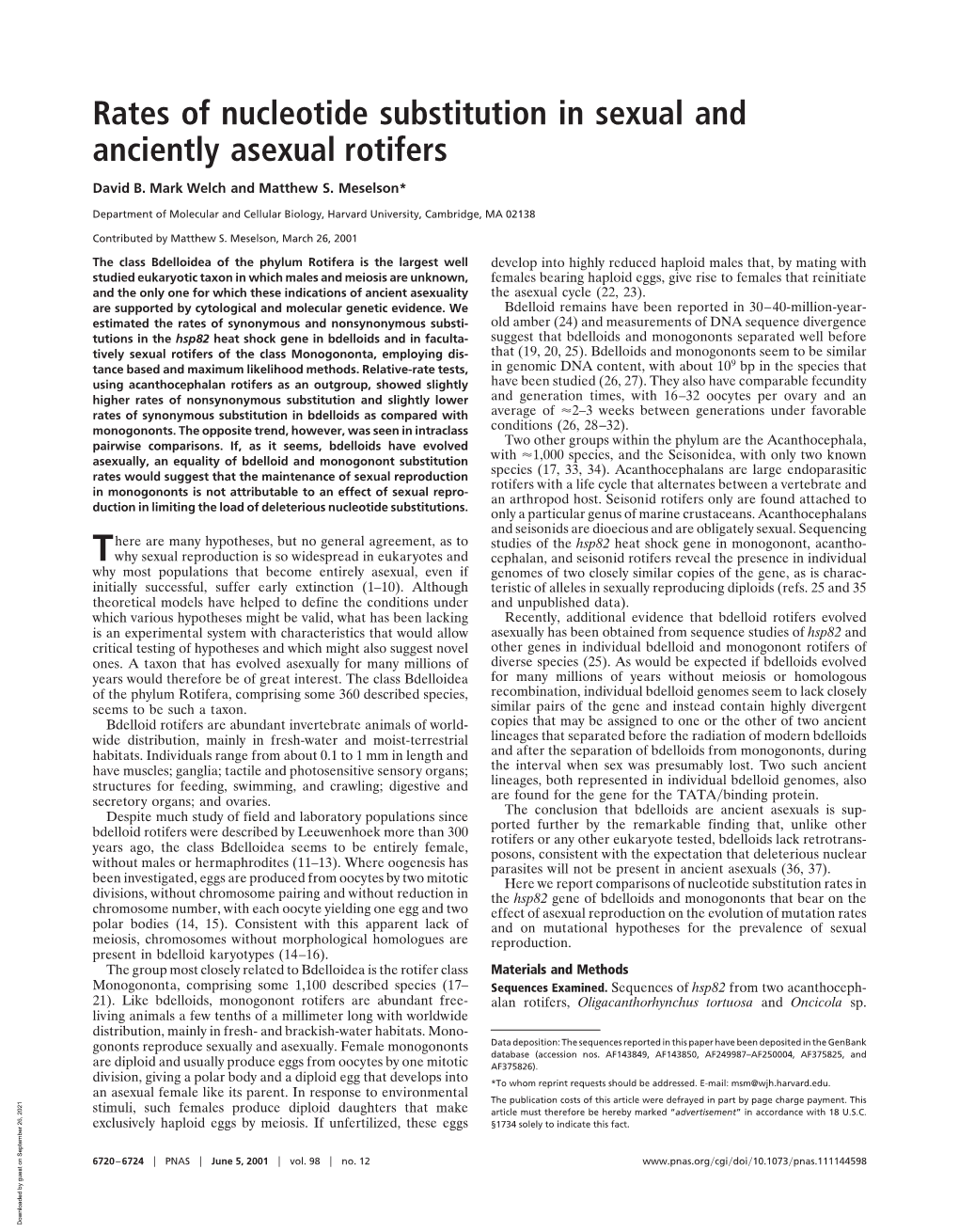 Rates of Nucleotide Substitution in Sexual and Anciently Asexual Rotifers